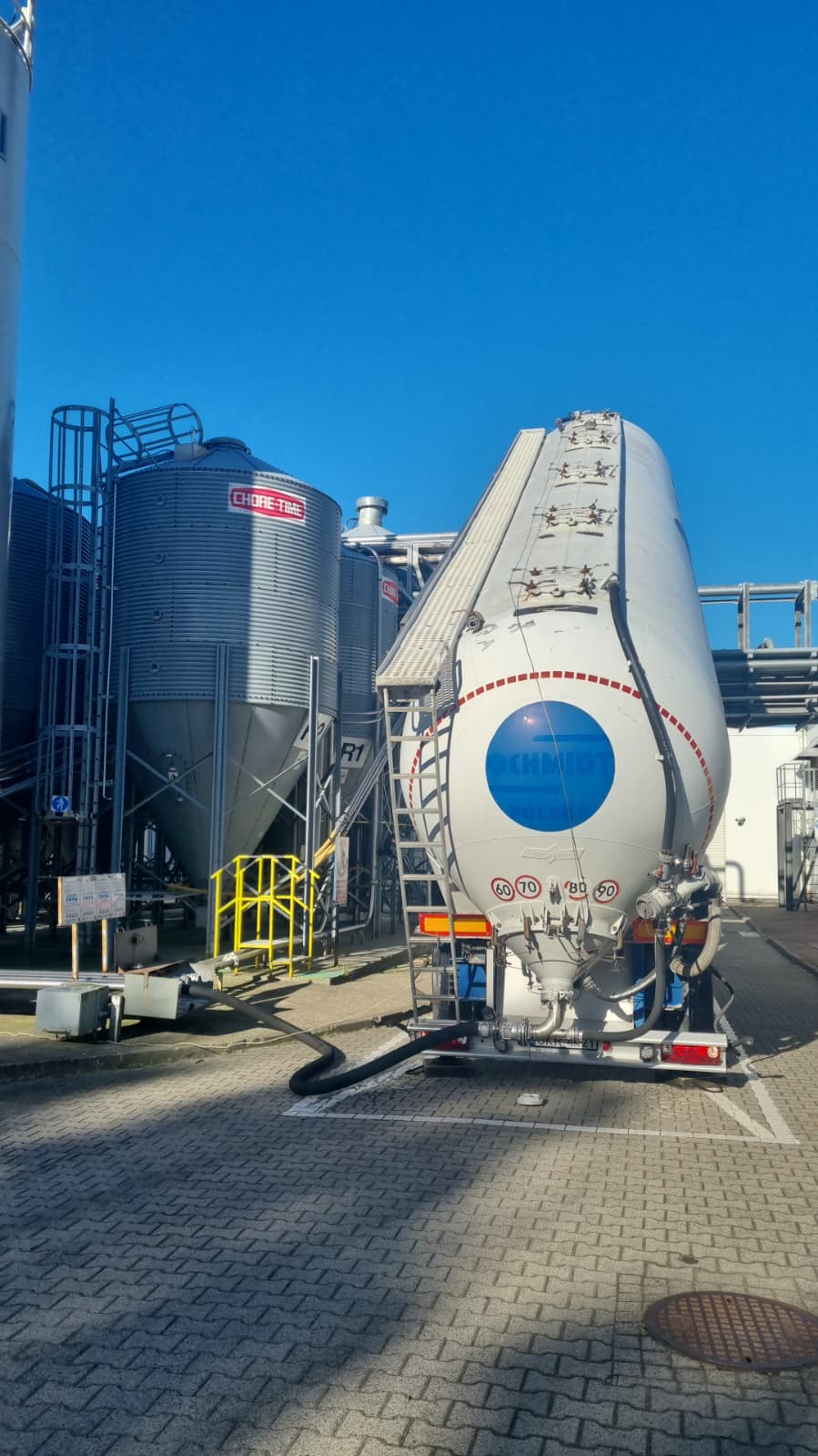Silonaczepy (silo trailers) — ładunki i rozładunek Silonaczepa (silo trailer) podczas rozładunku przy silosach zakładu